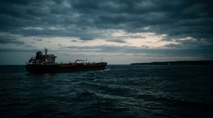 Un buque petrolero navega por aguas oscuras hacia una costa sombría bajo un cielo nublado durante el crepúsculo.