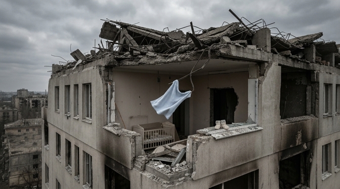 Edificio residencial ucraniano en ruinas, con una cuna y ropa de bebé visibles entre los escombros.