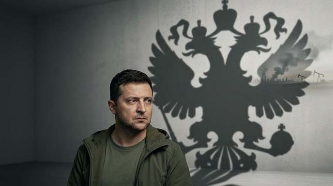 Fotografía editorial de Zelensky, con una sombra del águila bicéfala rusa que revela un conflicto petrolero.