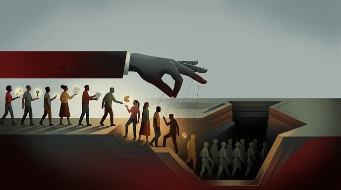 Ilustración editorial de personas engañadas por una mano que las convierte en soldados y las lleva a una fosa.