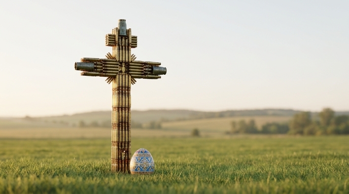 Una cruz hecha de cartuchos de munición y un huevo de Pascua decorado se encuentran en un campo de batalla verde y vacío.