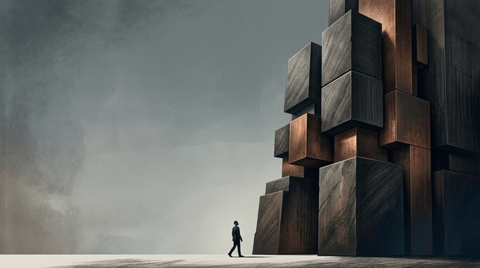 ** Un ejecutivo diminuto camina hacia una estructura monumental de bloques, representando el desafío de asegurar recursos de computación.