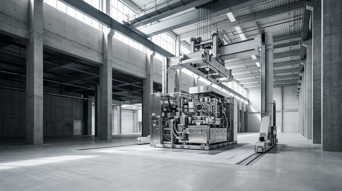 Maquinaria industrial instalando equipos semiconductores avanzados en una fábrica de Samsung.