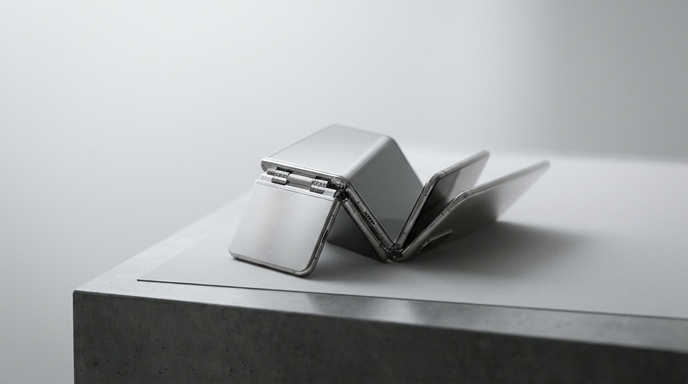 Un bodegón fotográfico minimalista que muestra un dispositivo plateado plegado en forma de Z, destacando su diseño articulado sobre una superficie de piedra gris.