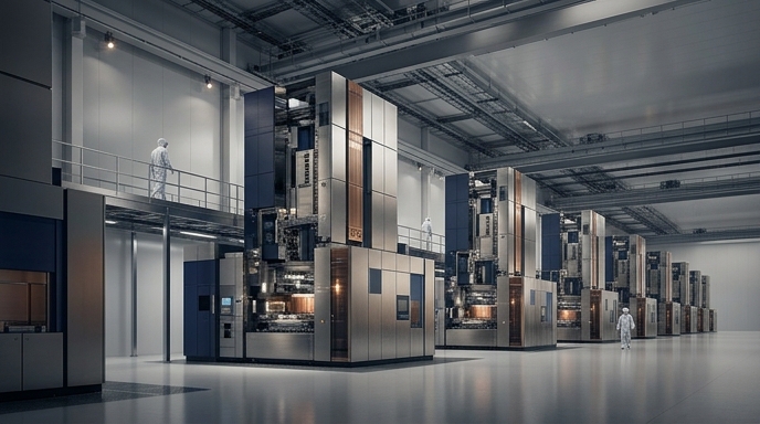 Varias enormes máquinas de litografía EUV de ASML instaladas en una sala blanca monumental para la fabricación de chips.