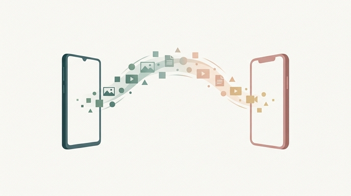 Ilustración minimalista de dos smartphones abstractos transfiriendo iconos de archivos multimedia a través de una onda.