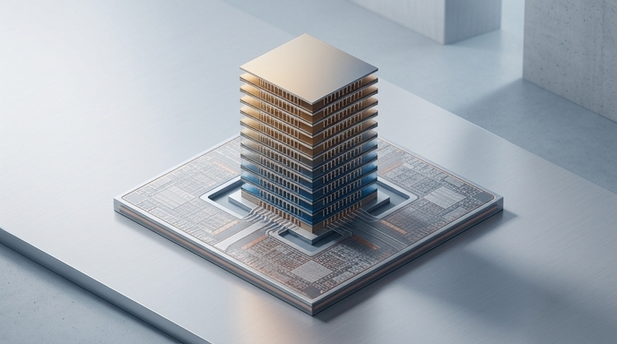 Chip de memoria apilado de 12 capas que representa la tecnología HBM4 de Samsung.