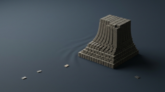 Ilustración conceptual de una pila densa de microchips y componentes de memoria individuales escasos a su alrededor.