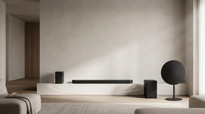 Un elegante sistema de barra de sonido Samsung y altavoces de diseño circular en un entorno minimalista.