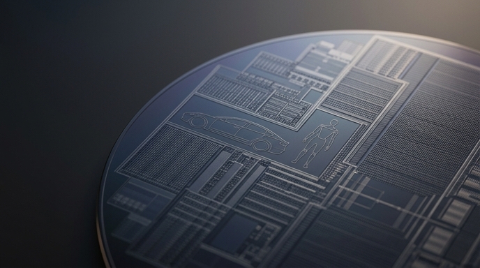 Un primer plano macro de una oblea de silicio grabada con contornos de un automóvil y un robot humanoide.