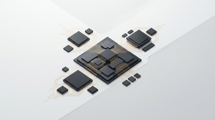 Representación minimalista del ensamblaje avanzado de semiconductores, con varios chips interconectados sobre fondo blanco.
