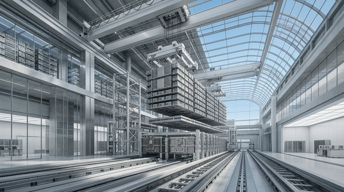 Una representación de una fábrica de semiconductores automatizada y futurista que simboliza una inversión masiva.