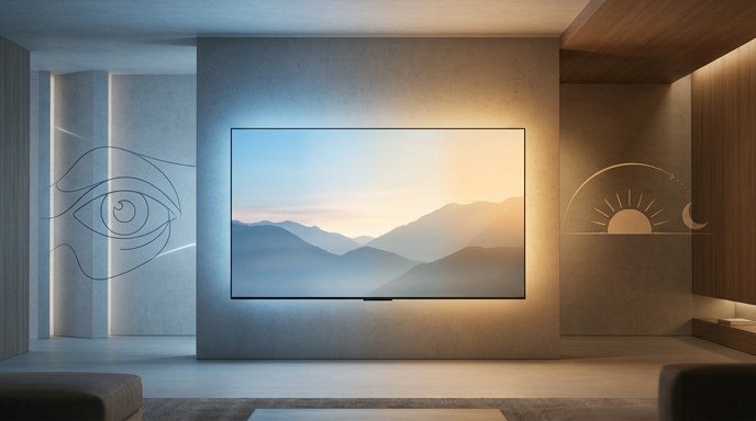 Alt Text Description:
Televisor Micro RGB en pared de concreto con símbolos de ojo y ciclo solar, iluminación ambiental azul y naranja que simula luz natural.