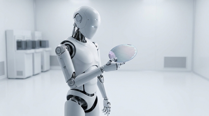 Un robot humanoide inspeccionando una oblea de silicio en una fábrica de semiconductores de Samsung.
