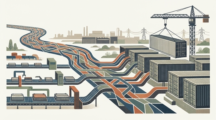 Ilustración editorial que muestra la conversión de una planta de baterías de vehículos a sistemas de almacenamiento de energía.