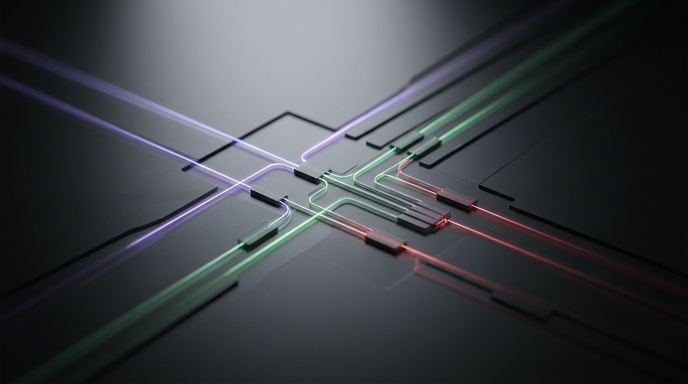 Microfotografía editorial de haces de luz violeta y roja que viajan por una oblea de silicio para transmisión de datos.