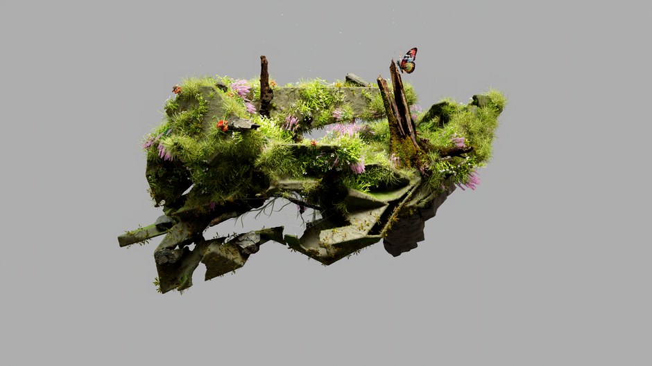 Una representación surrealista en CGI de una isla flotante con abundante vegetación y una mariposa.