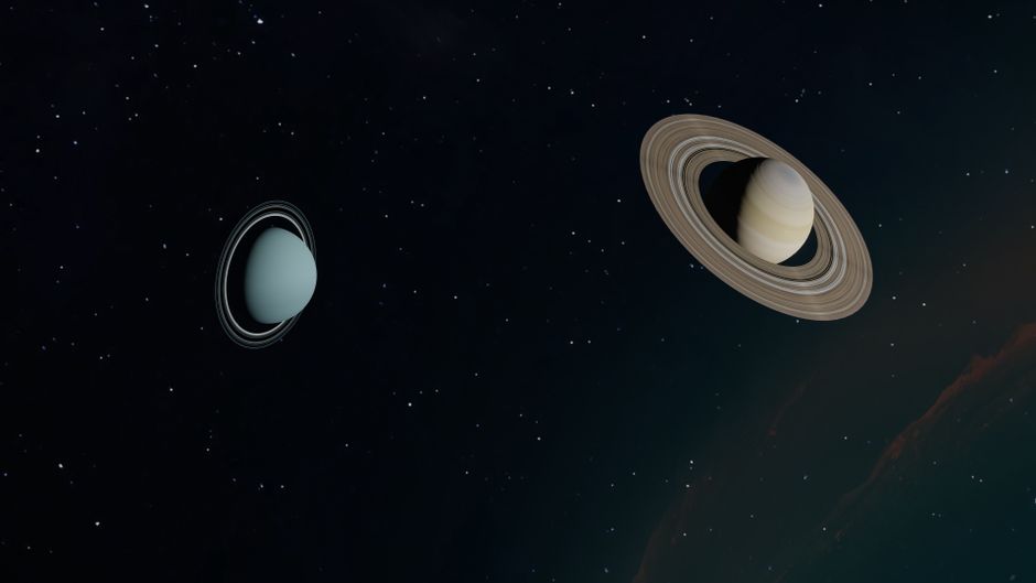 Imagen de Saturno y Urano con sus anillos contra un fondo estrellado en el espacio.