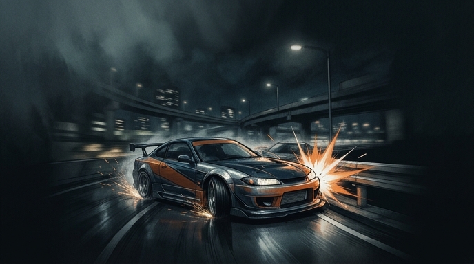 Carrera nocturna y agresiva de Screamer con estilo anime, derrapes y chispas de combate.