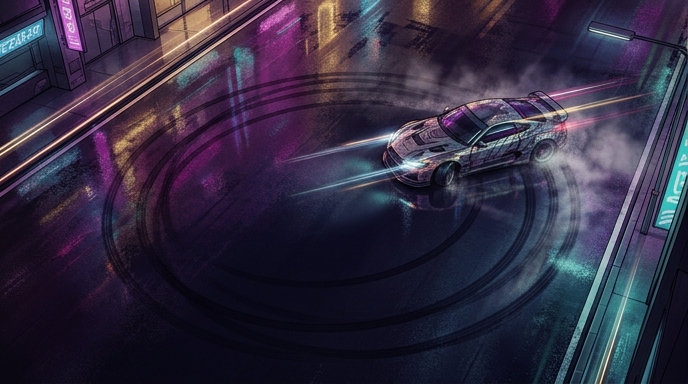 Un coche deportivo derrapando en una calle urbana lluviosa y llena de luces de neón en un entorno futurista.
