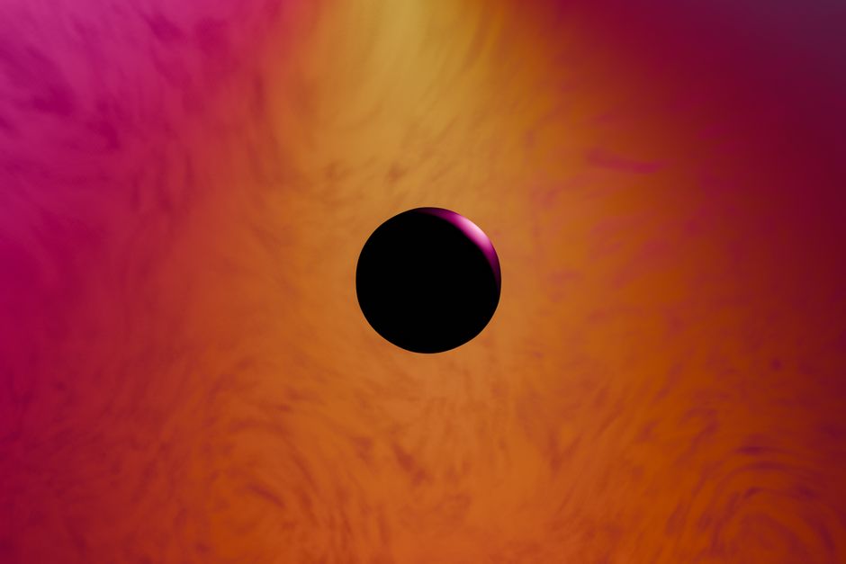 Fondo abstracto vibrante con una esfera negra central, que presenta un gradiente de espirales rosa y naranja.