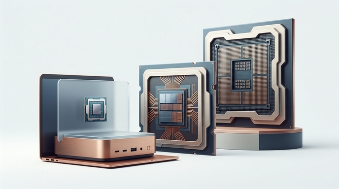 Ilustración editorial minimalista de tres procesadores Intel estilizados, que representan los nuevos chips para portátiles y ordenadores de sobremesa sobre un fondo limpio.