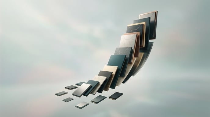 Ilustración editorial minimalista que muestra chips de memoria abstractos apilados en una curva ascendente.