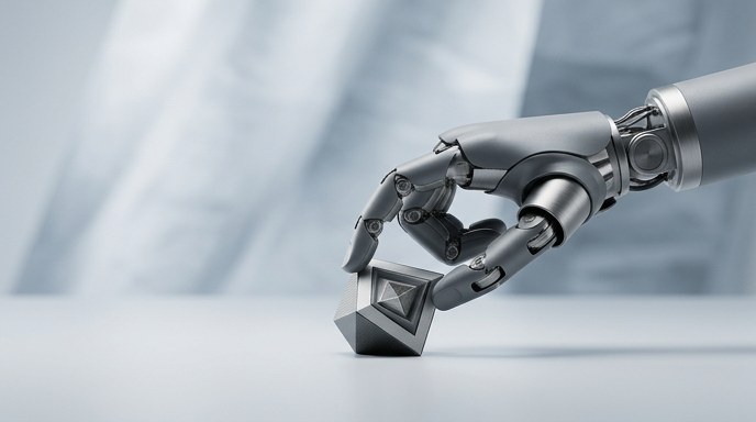 Mano robótica diestra de color gris manipulando un objeto geométrico sobre un fondo claro y desenfocado con espacio negativo.