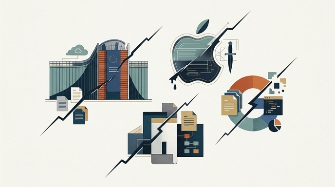 Ilustración de estilo editorial con iconos fracturados que representan a la Comisión Europea, Apple y Google, simbolizando las recientes brechas de seguridad.