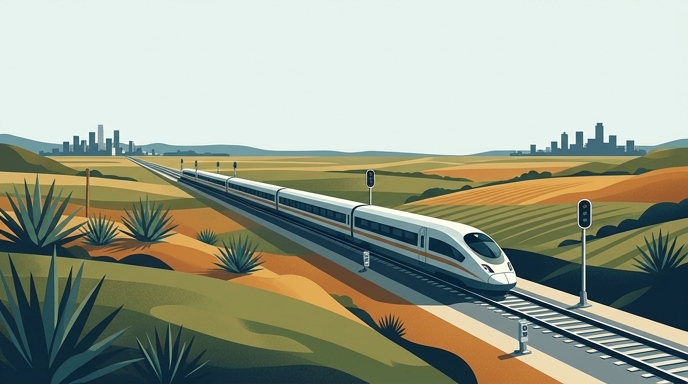 Tren de alta velocidad moderno atravesando un paisaje mexicano con agaves y señales de tráfico.