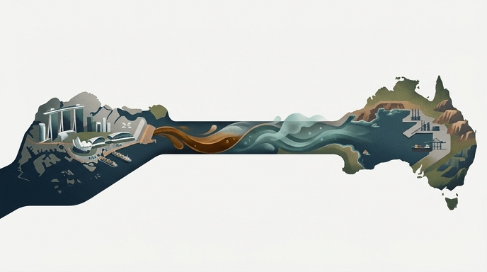 Ilustración de un flujo constante de gas licuado y petróleo crudo que conecta los horizontes de Singapur y Australia.