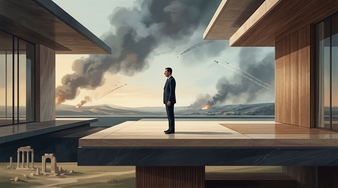 Un hombre en traje observa desde una terraza moderna y segura el humo y los misiles de una guerra lejana.