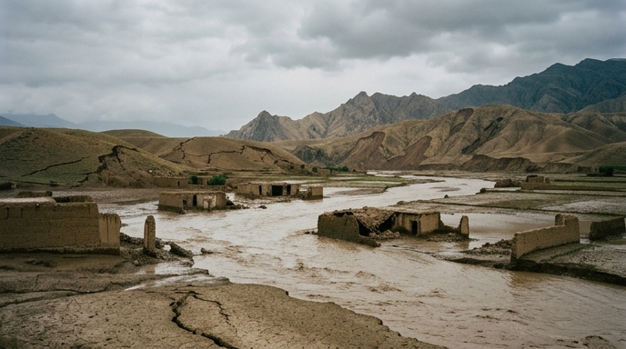 Paisaje afgano devastado con grietas de terremoto en la tierra y casas de adobe inundadas por un río caudaloso bajo un cielo tormentoso.