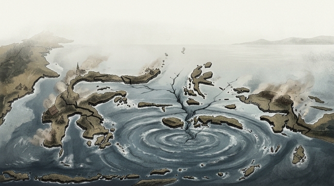 Ilustración de estilo editorial que muestra un terremoto submarino cerca de las costas de Indonesia, con la tierra agrietada.