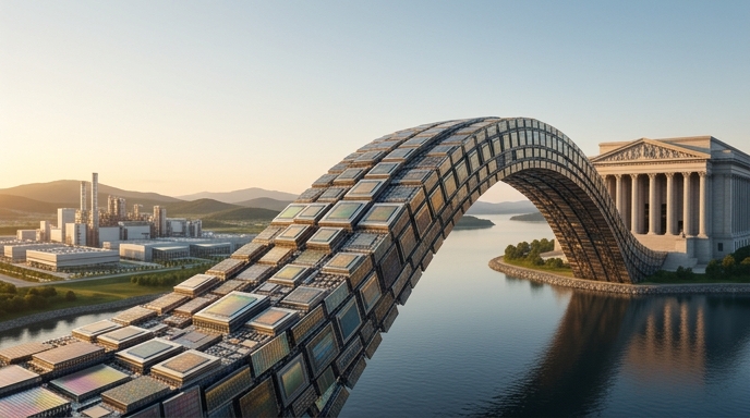 Puente de microchips HBM conectando una fábrica coreana con un edificio financiero de EE. UU.