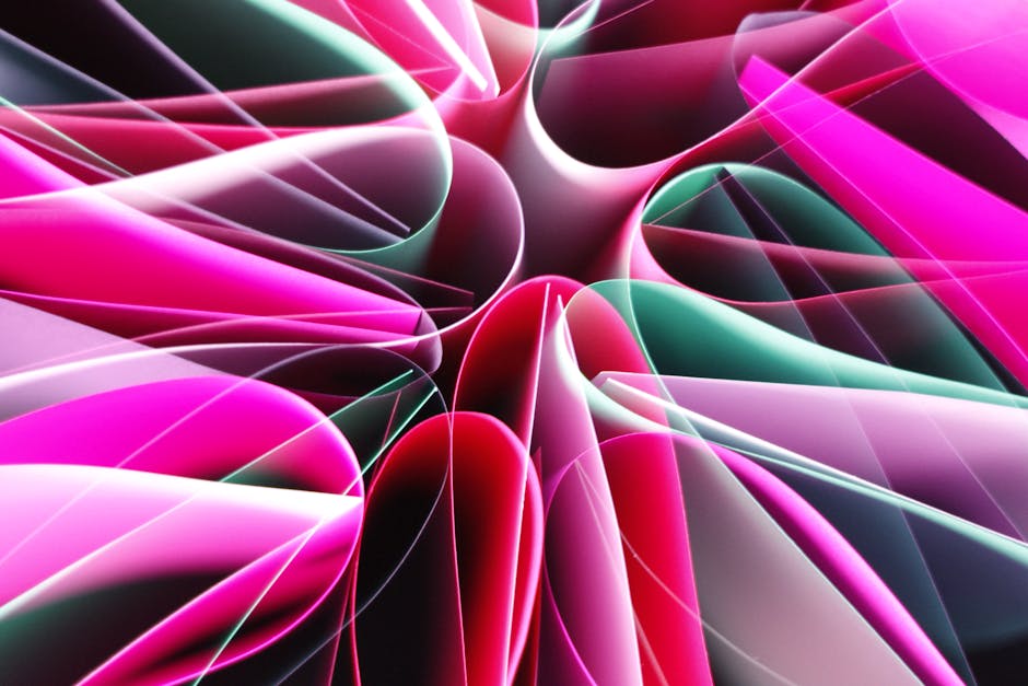 Un diseño abstracto intrincado que presenta ondas vibrantes de color rosa y verde en un patrón geométrico.