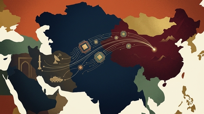 Ilustración editorial que muestra la transferencia tecnológica de semiconductores de China a Irán para uso militar.