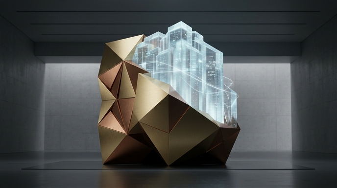 Ilustración editorial de una escultura dorada y de cristal representando una gran inversión apoyando a la inteligencia artificial.