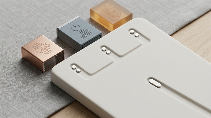 Interfaz física minimalista que conecta modularmente diferentes tokens financieros en un hub central.