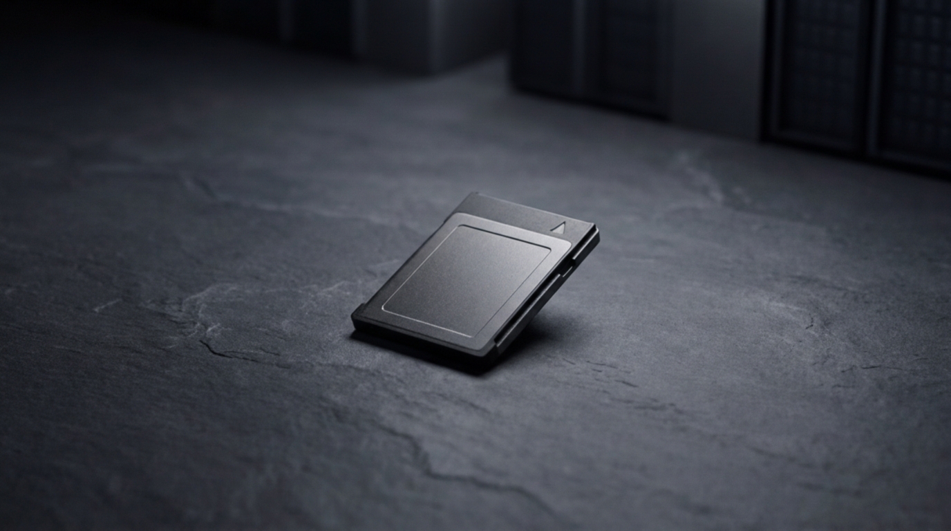 Tarjeta de memoria negra solitaria sobre una superficie de piedra oscura, ilustrando la escasez.