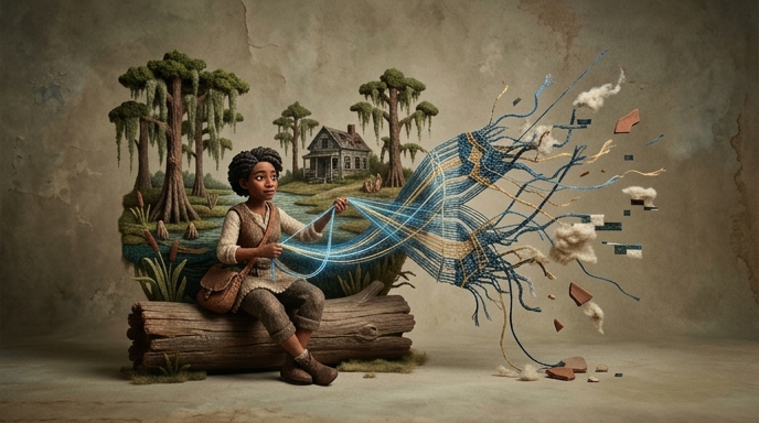 Hazel, una Tejedora, manipula hilos en un pantano gótico, mientras el tejido se deshilacha y pixela.