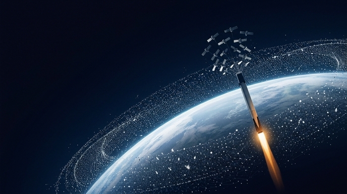 Cohete Falcon 9 ascendiendo sobre la Tierra, cruzando un anillo denso de miles de satélites Starlink en órbita.