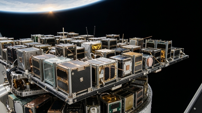 Numerosos satélites CubeSat agrupados en órbita para la misión rideshare, con la Tierra al fondo.