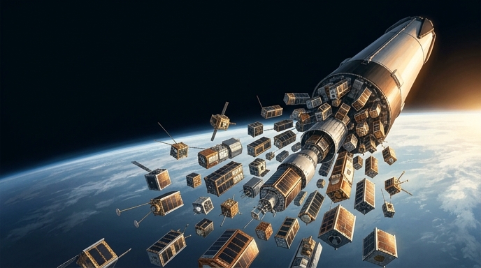 Ilustración editorial en órbita: decenas de pequeños satélites cúbicos se despliegan desde el carenado de un cohete Falcon 9 en el espacio.