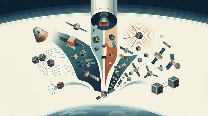Ilustración editorial de satélites dispersándose desde un cohete sobre la curvatura de la Tierra.