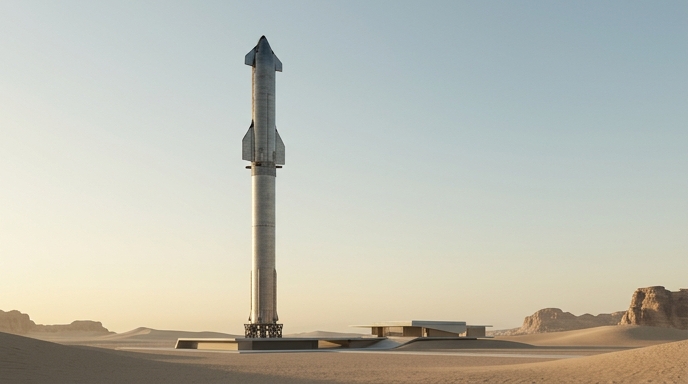 Cohete Starship de SpaceX en una base de lanzamiento minimalista en el desierto, representando la inversión saudí.