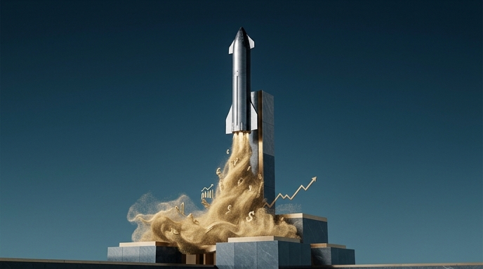 Cohete plateado despegando de una base de mármol, con humo de polvo dorado que forma símbolos de divisas y gráficos ascendentes.