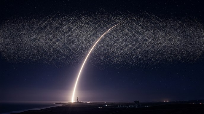 Un cohete Falcon 9 se eleva hacia un cielo nocturno cruzado por una densa red de satélites Starlink.