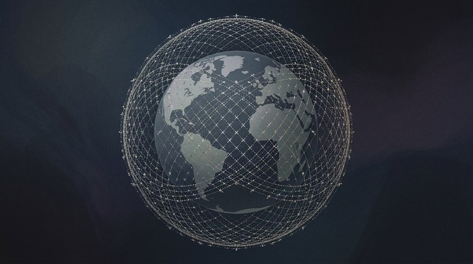 Ilustración de estilo editorial que muestra una densa red de satélites en órbita alrededor de la Tierra, representando la constelación Starlink.