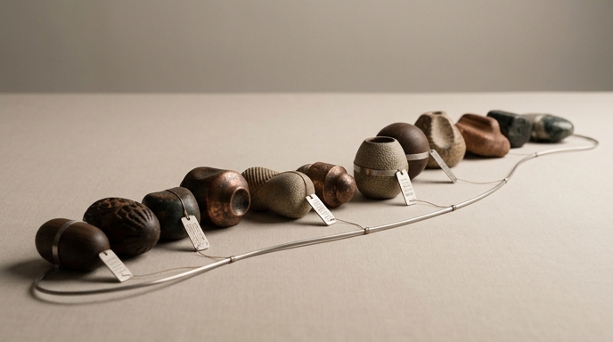 Alt Text: Una fila de esculturas orgánicas de piedra y madera, unidas por un hilo metálico con etiquetas, simboliza la traducción de proteínas en códigos de ADN.